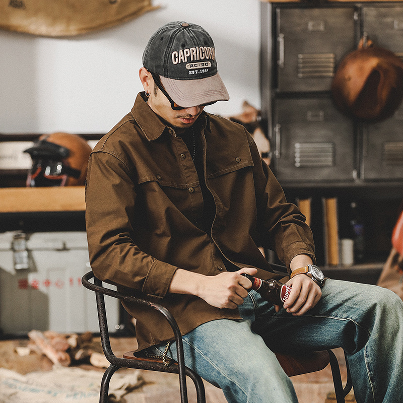 美式經典復古工裝襯衫男長袖2024新款硬漢戶外耐磨襯衣美拉德外套