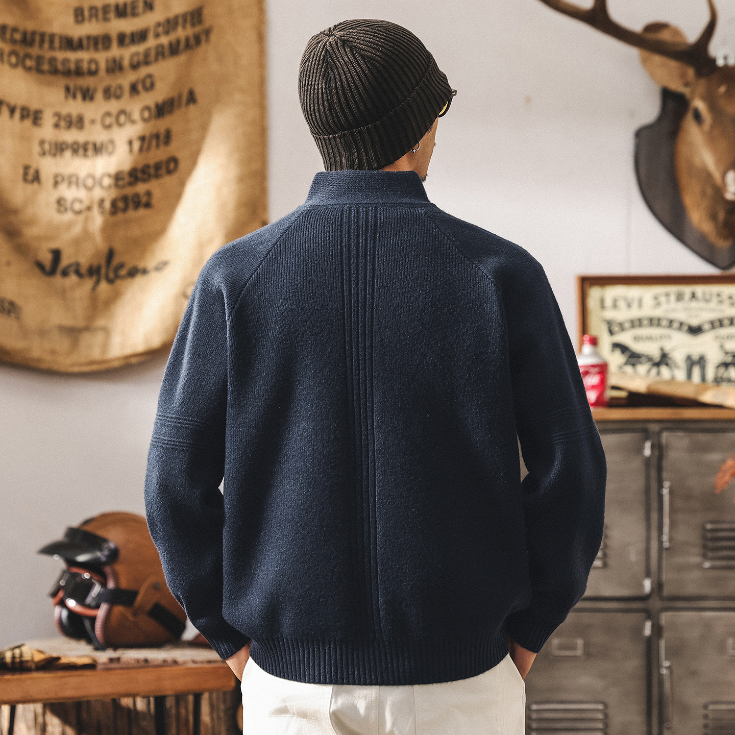 美式復古7針重磅開衫毛衣男春秋雙拉鍊半高領針織衫外套男士秋冬