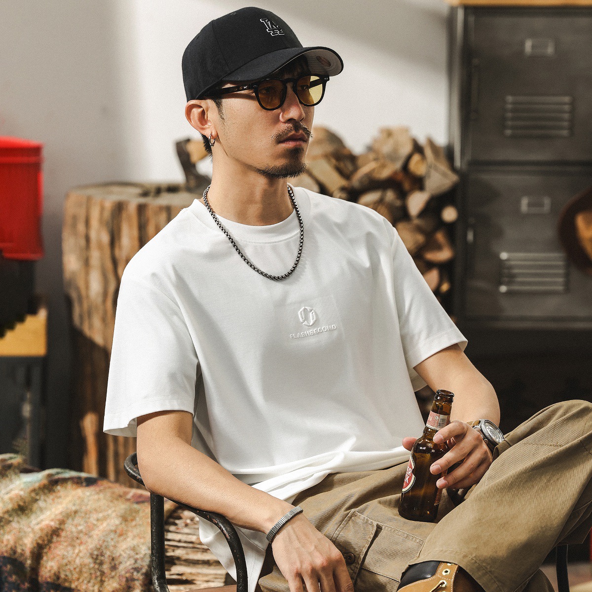 高級感桑蠶絲軟糯親膚短袖T恤男士夏季潮牌簡約刺繡寬鬆男士上衣