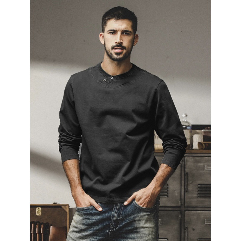 美式重磅精梳棉長袖T恤男秋冬款2023年潮牌簡約百搭亨利領打底衫