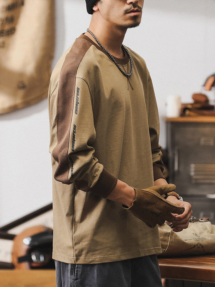 傑雷諾美式複古撞色拼接長袖t恤男潮牌寬松休閑上衣秋季男裝
