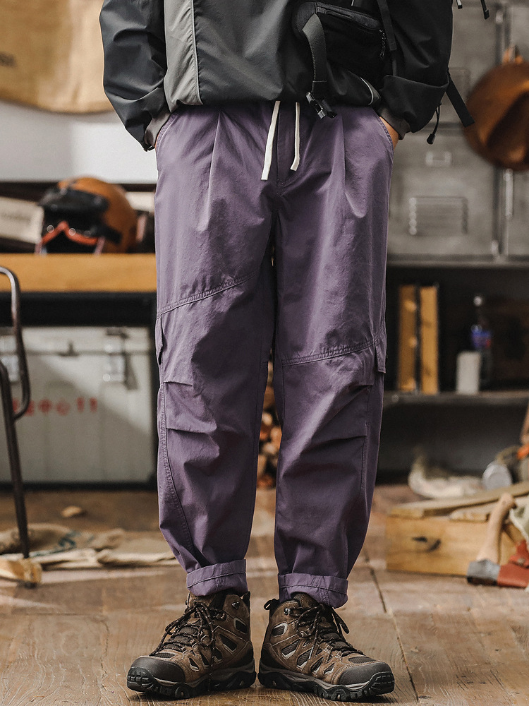 春季新款工裝褲子男潮牌美式寬鬆直筒男士休閒褲高級感紫色褲子男