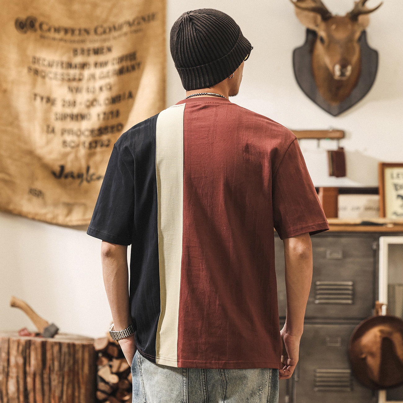 美式復古潮牌拼接撞色短袖男夏季2026新款重磅T恤男寬鬆上衣