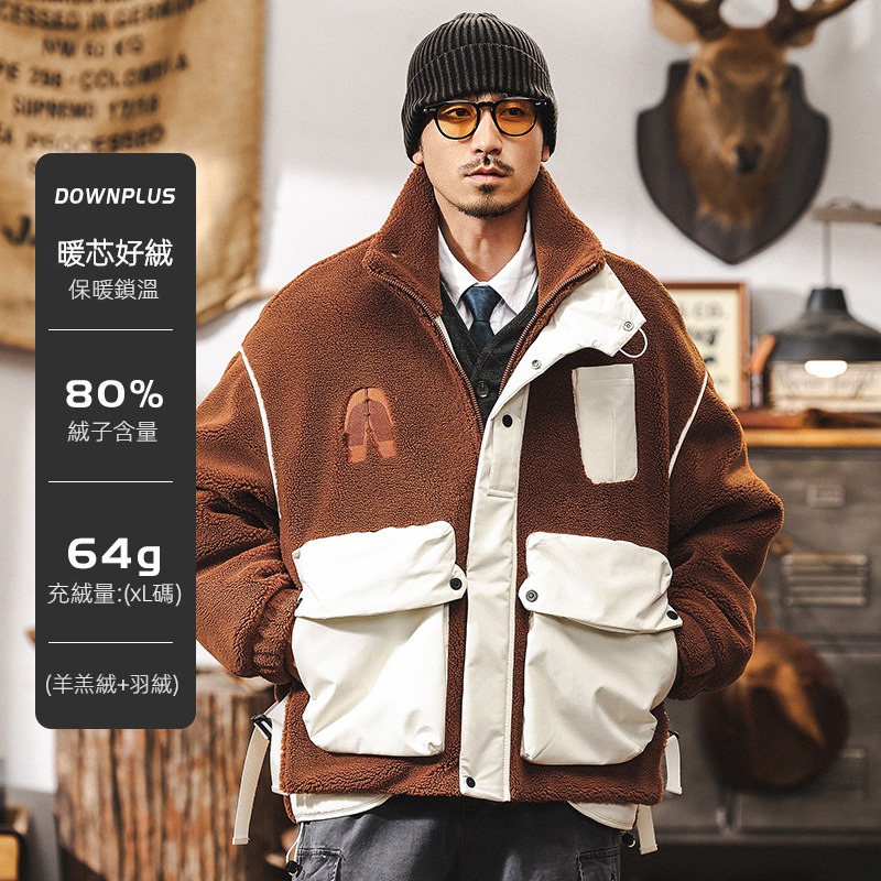 美式復古羊羔絨外套男冬季短款連帽羽絨服男款冬天加厚男士派克服