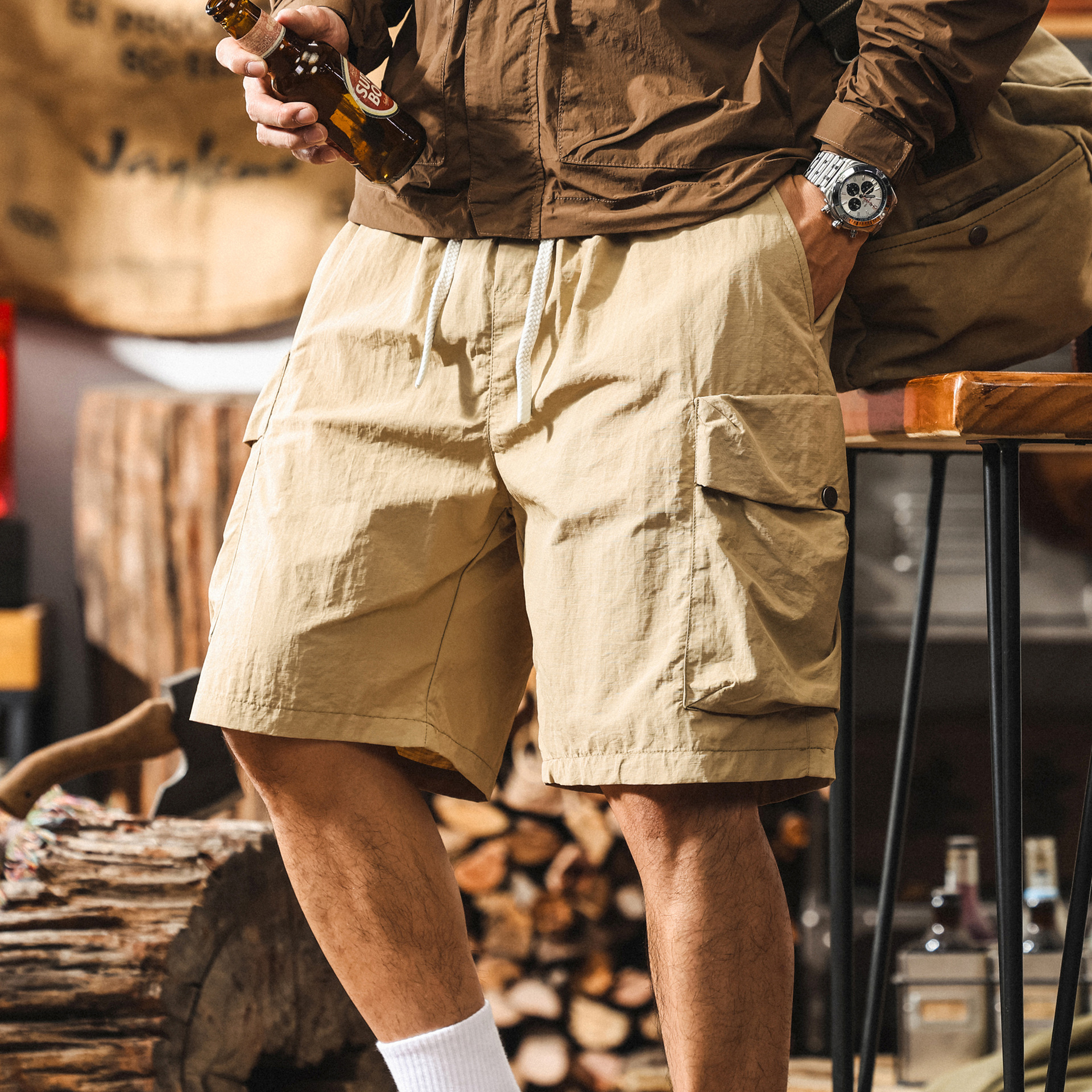 美式復古輕薄涼感速幹工裝短褲男款夏季薄款卡其色休閒寬鬆五分褲