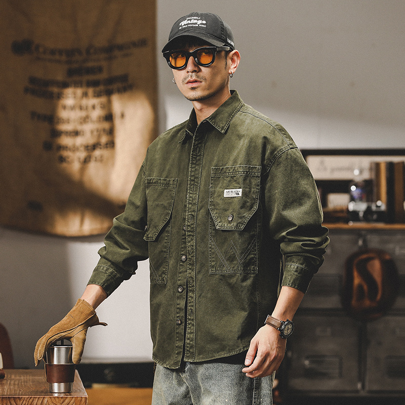 美式水洗重磅工裝夾克外套男2024新款寬鬆潮牌春季襯衫男長袖襯衫
