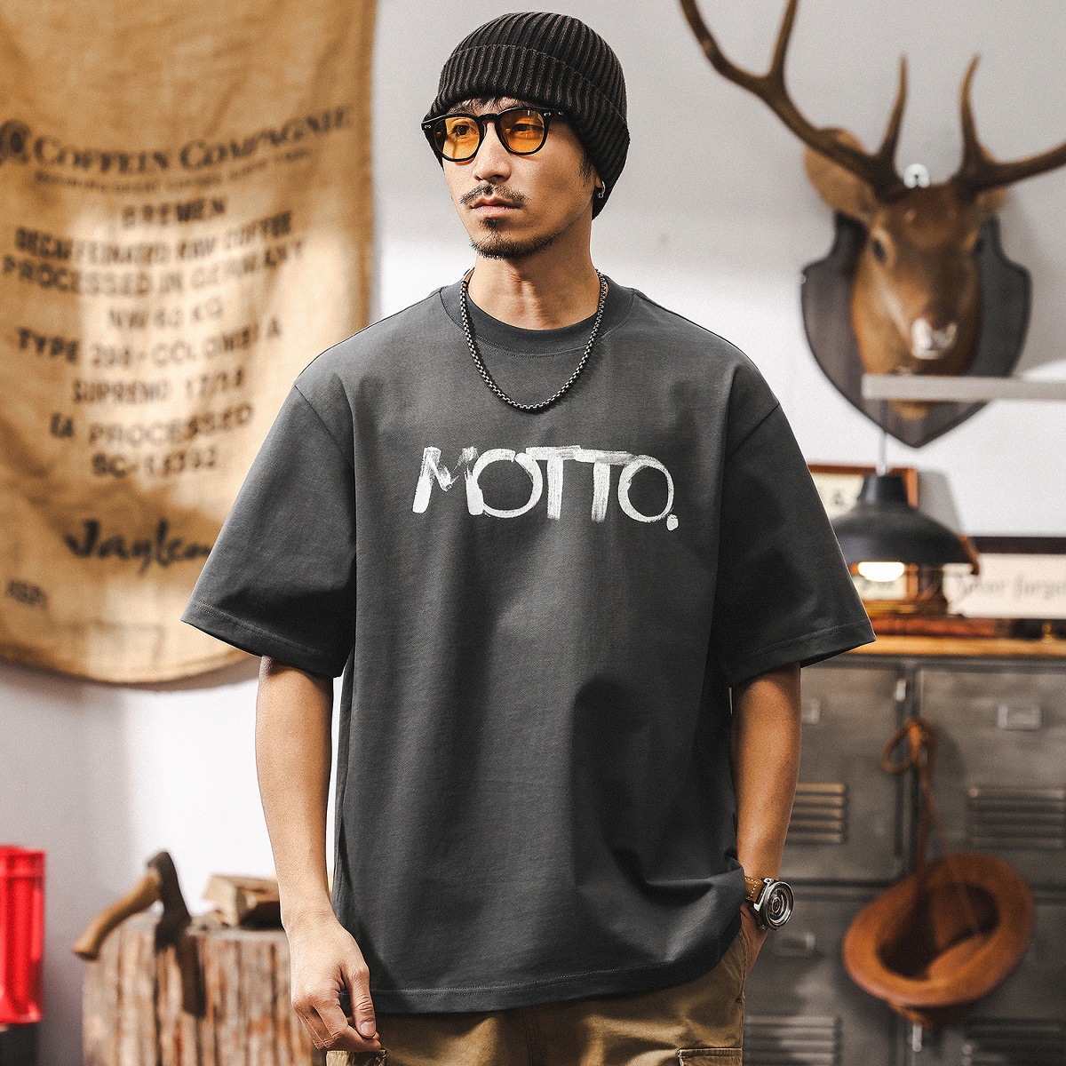 美式復古300g重磅T恤男夏季短袖2025新款潮流印花寬鬆上衣男T男裝