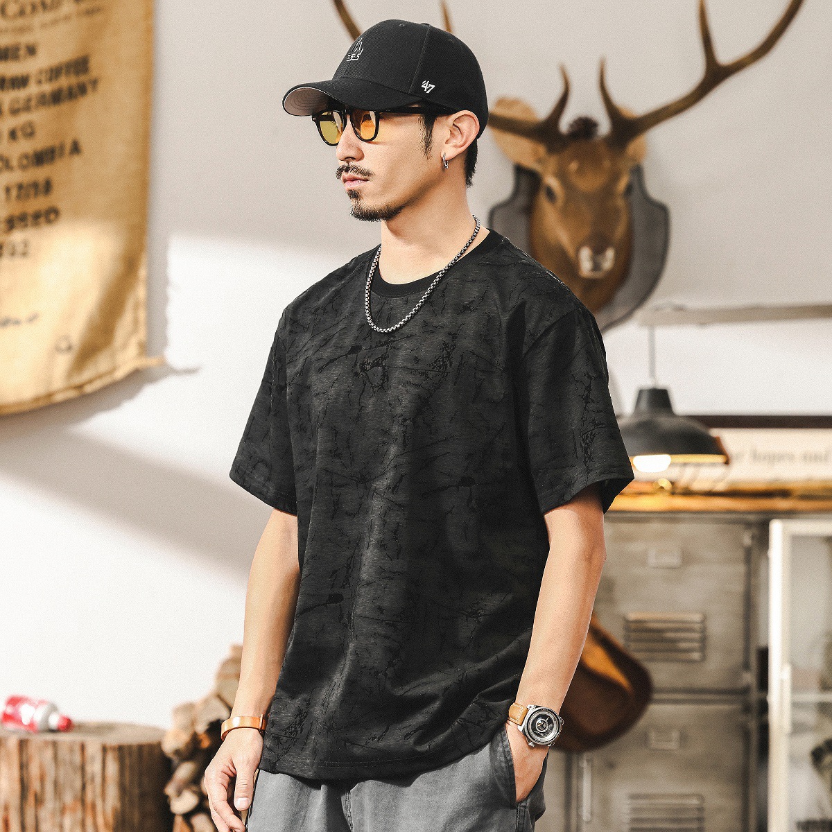 不規則植絨滿印T恤男夏季薄款短袖2025新款潮流美式復古體恤上衣T