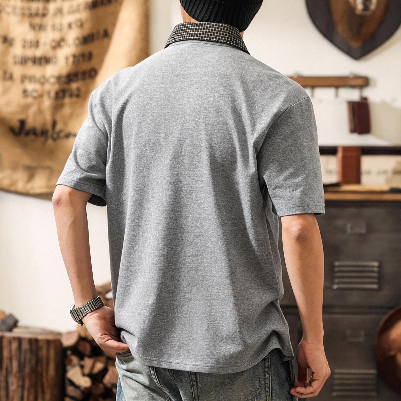 美式復古半拉鍊短袖POLO衫男夏季潮流拼接格紋T恤寬鬆休閒上衣男T