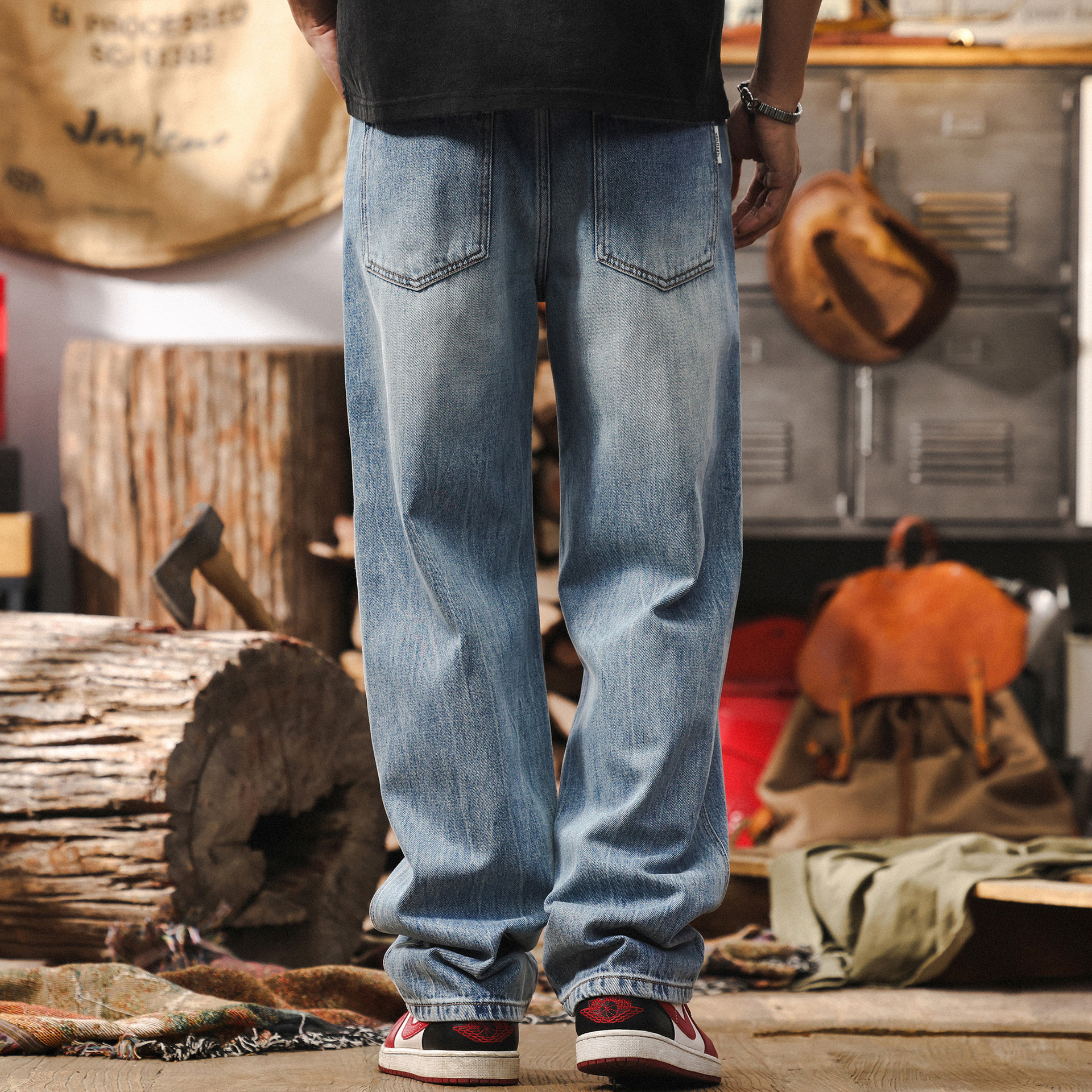 美式復古水洗藍色牛仔褲男2025新款春季潮牌寬鬆直筒男士休閒長褲