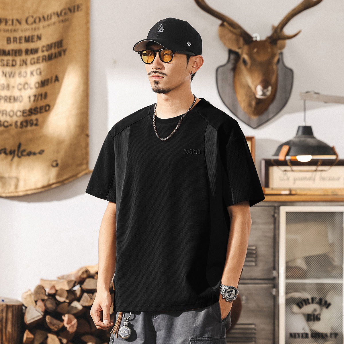 美式復古重磅T恤男夏季新款男士短袖2025寬鬆潮牌拼接半袖上衣男T