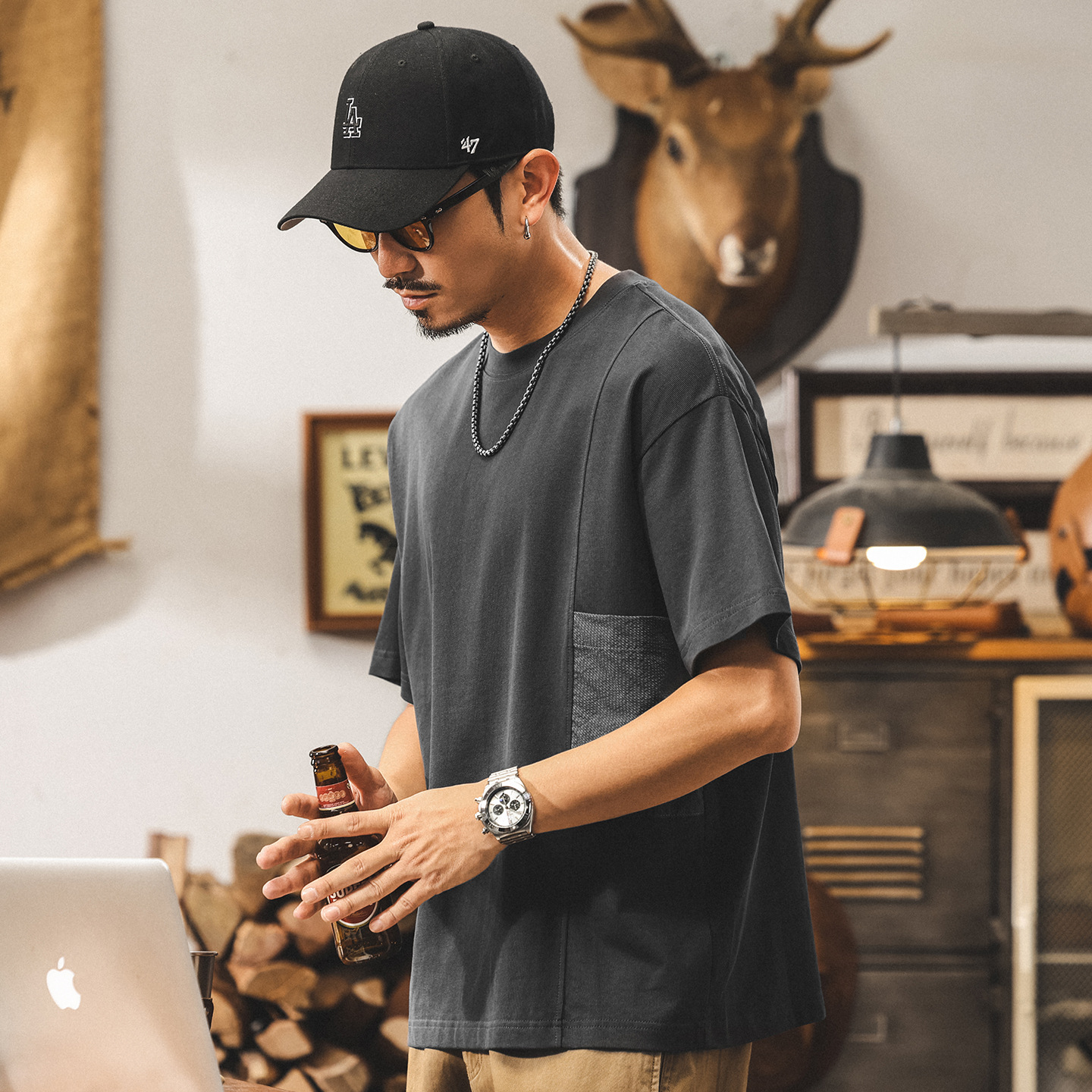 美式高級質感短袖男士T恤夏季新款潮牌拼接撞色上衣T寬鬆男裝體恤