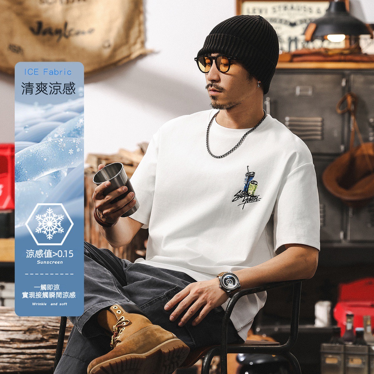 40支科技涼感T恤男夏季短袖2025新款潮流立體拉漿印花寬鬆上衣男T