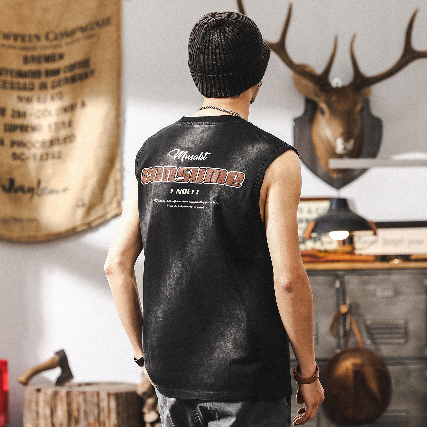 美式重磅無袖T恤男夏季2025新款潮流高街痞帥運動健身背心男