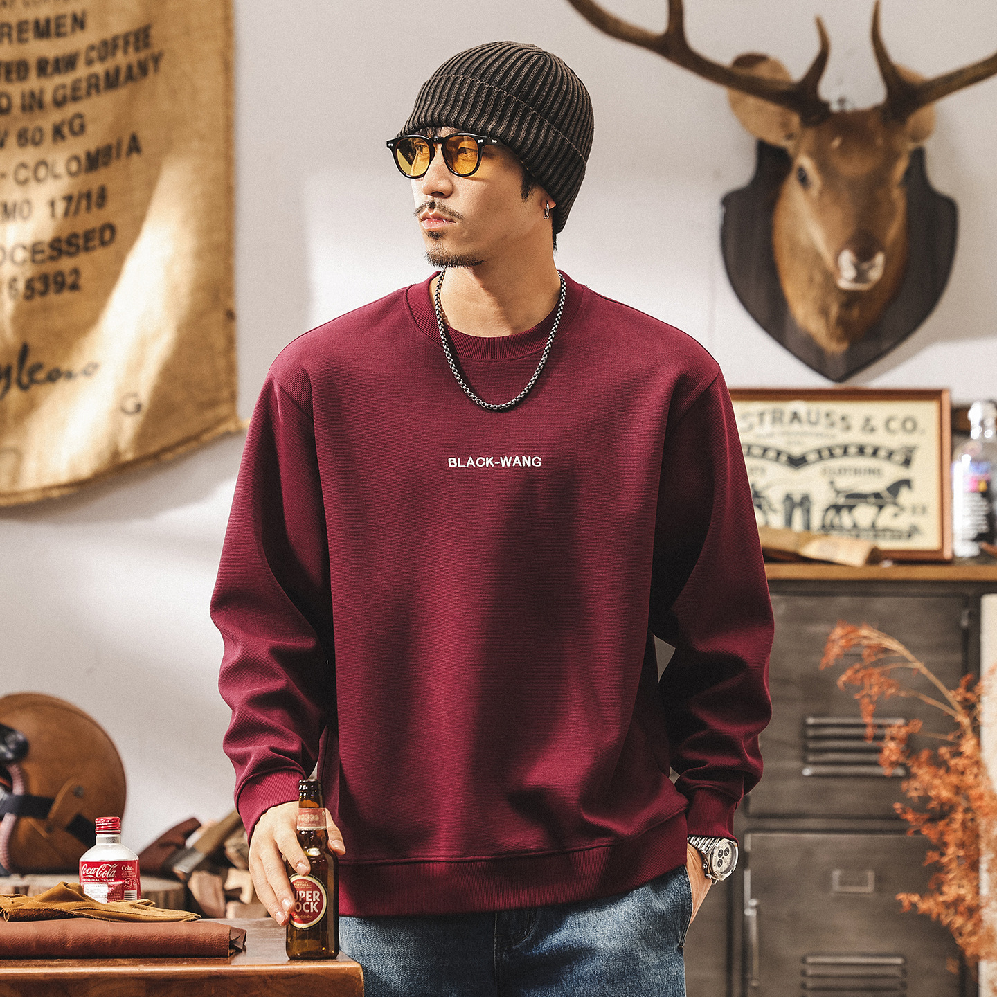 美式復古酒紅色330g重磅衛衣男春秋新款潮牌寬鬆百搭長袖休閒上衣