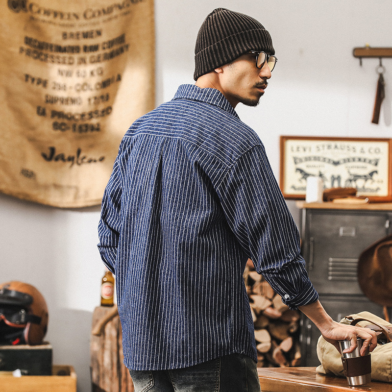 美式復古條紋襯衫男長袖秋季寬鬆工裝襯衣男色織牛仔外套男春秋款