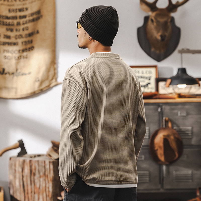 美式復古400g重磅假兩件歐棉絨長袖t恤男冬季加絨衛衣男士亨利衫