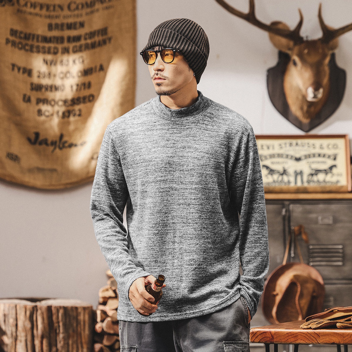 美式重磅復古半高領t恤男長袖2025新款秋季絨感親膚內搭打底衫男