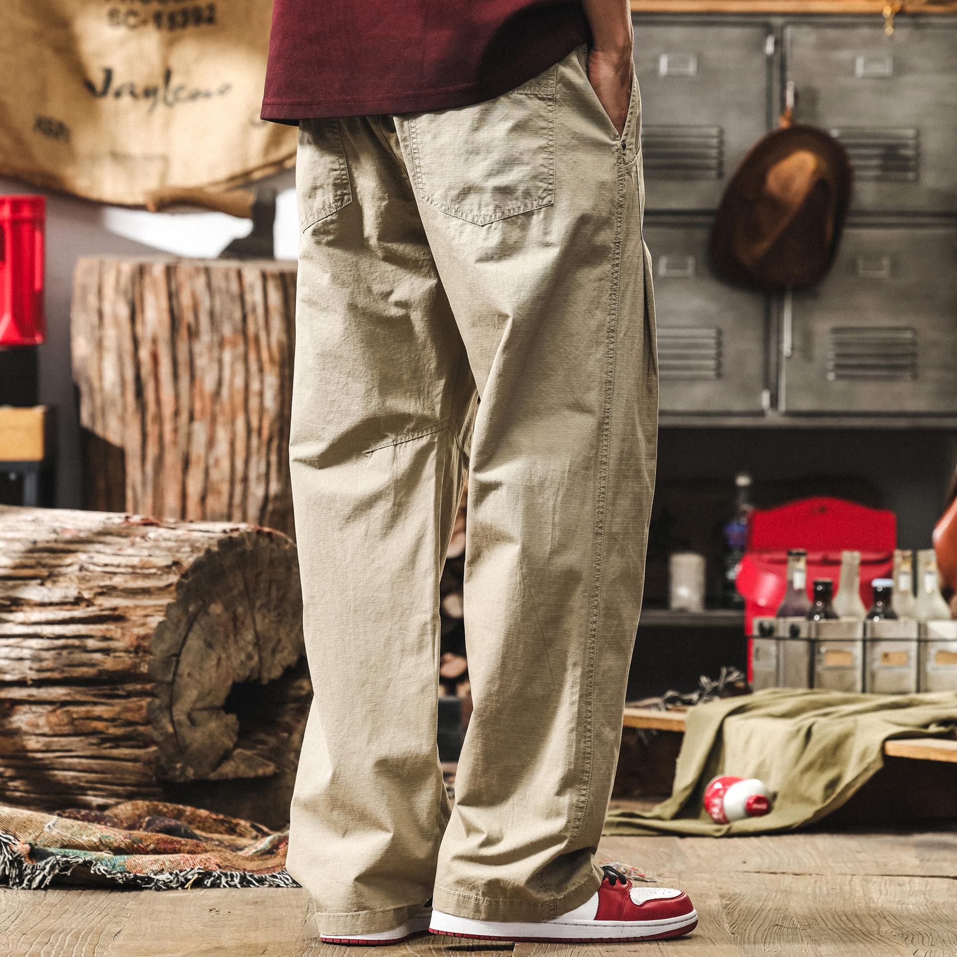 美式卡其色休閒褲男士2025新款寬鬆闊腿簡約長褲日系復古直筒褲子