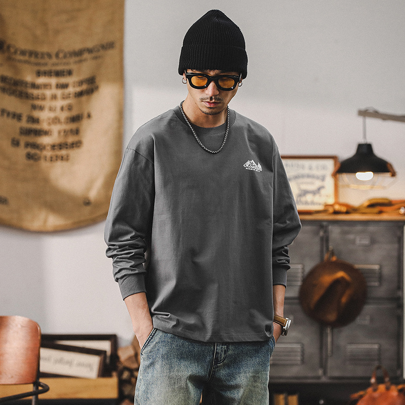 春季新款美式山系T恤男長袖寬鬆潮牌260g重磅男士上衣打底衫