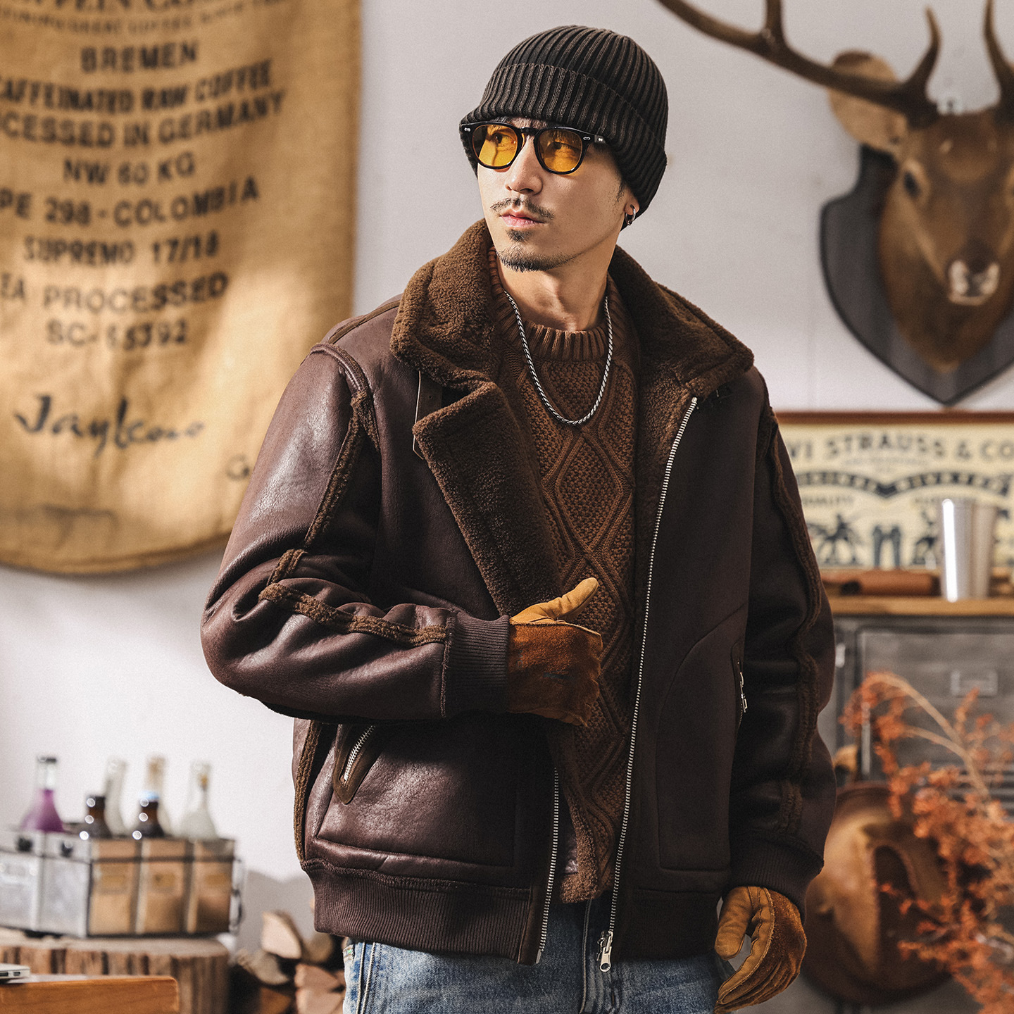 雙面穿皮毛一體羊羔絨棉服男士棉襖冬季加厚保暖潮牌機車皮衣外套