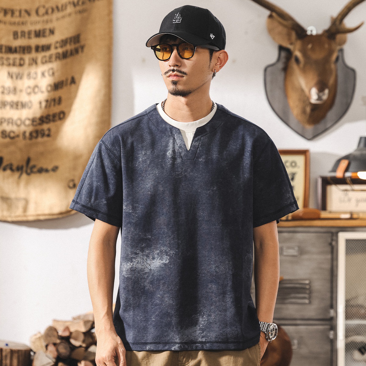 美式復古假兩件T恤男士短袖夏季新款潮牌扎染雙層領寬鬆休閒上衣T