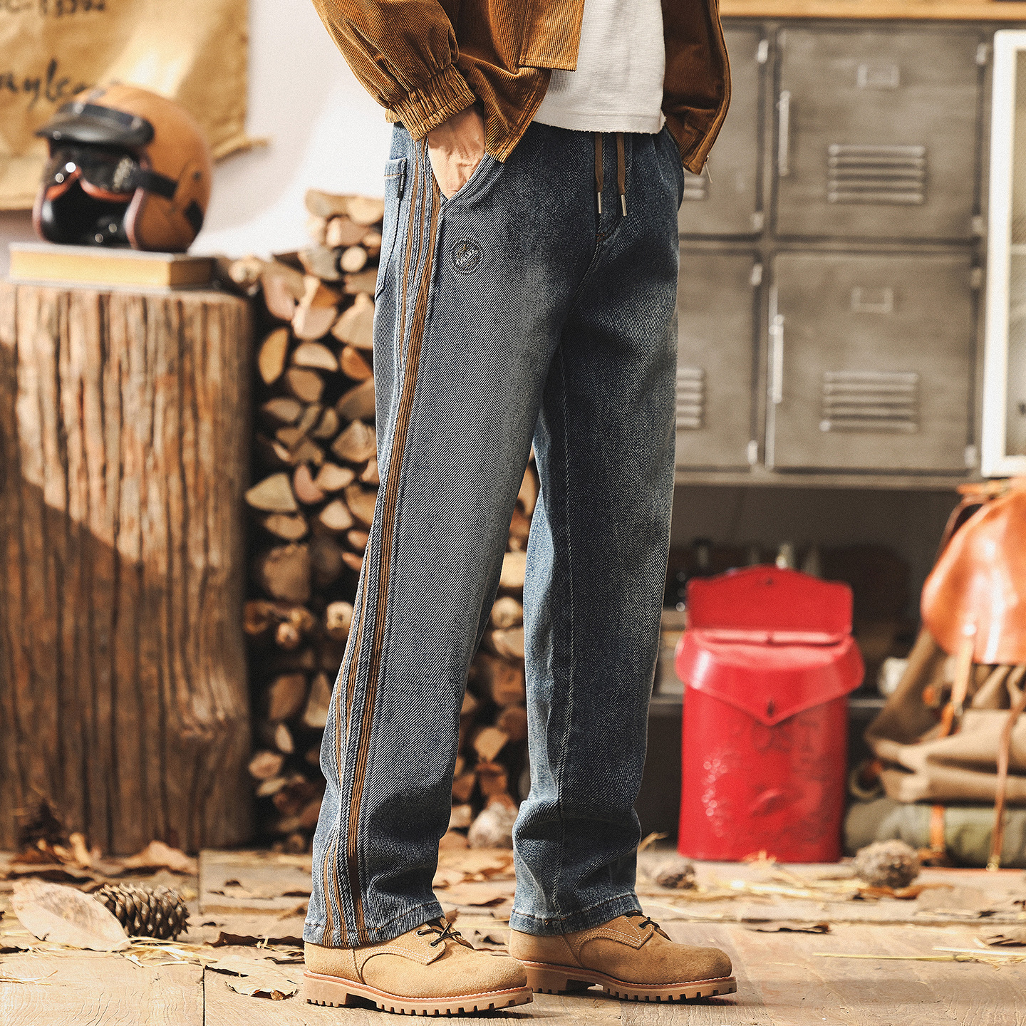 美式復古拼接三條槓牛仔褲男款秋季潮牌設計感寬鬆直筒男士休閒褲