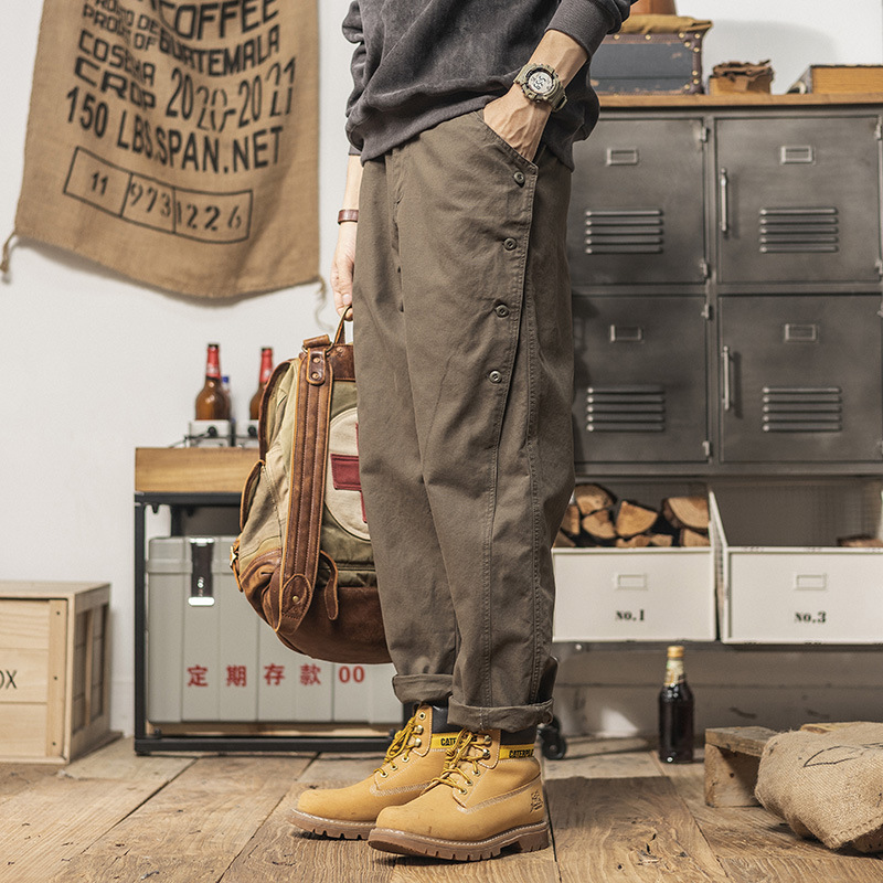 2024重磅排扣褲子設計款休閒褲春季男士寬鬆直筒潮流經典工裝長褲