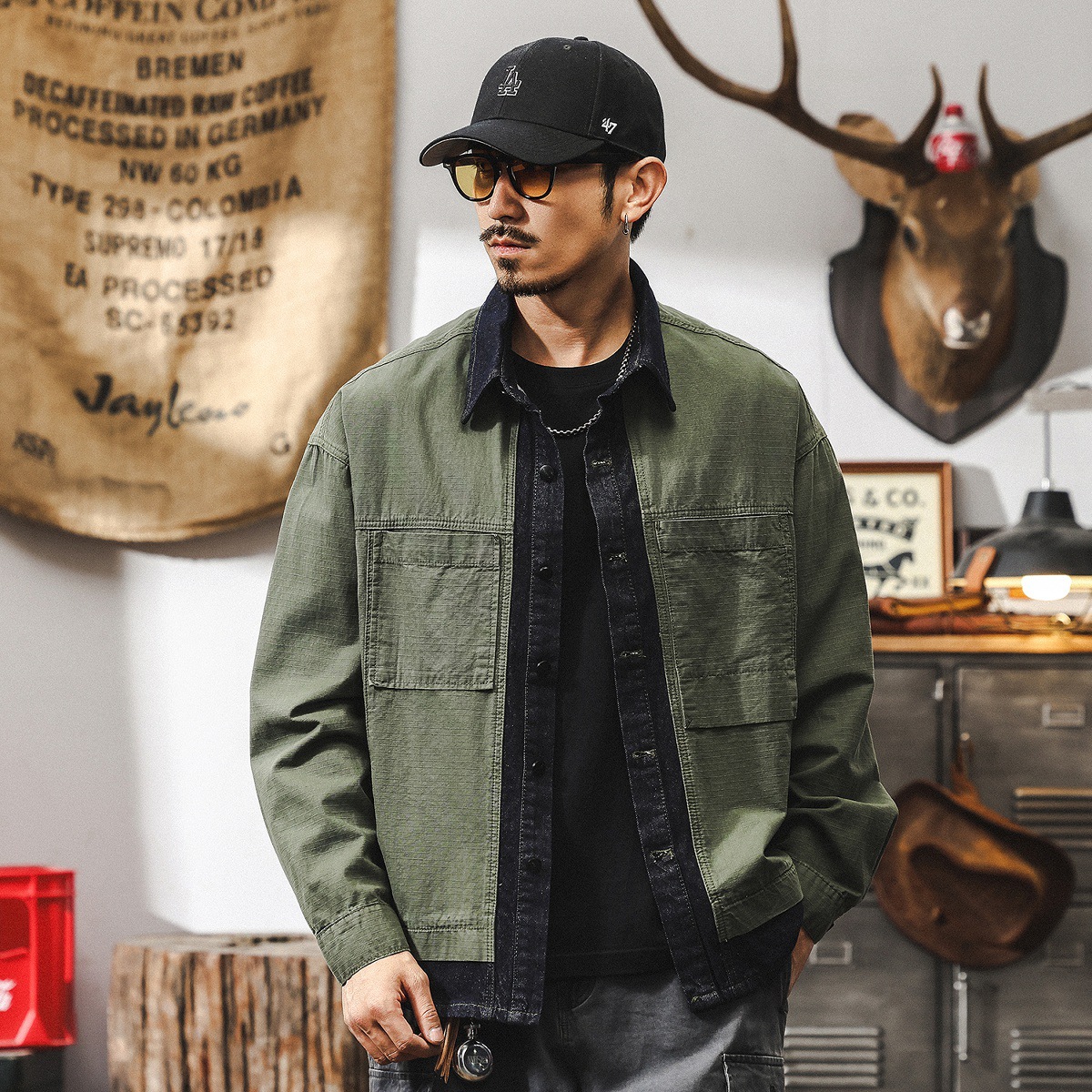 美式復古假兩件牛仔外套男春秋潮牌2025新款痞帥秋季寬鬆長袖襯衫