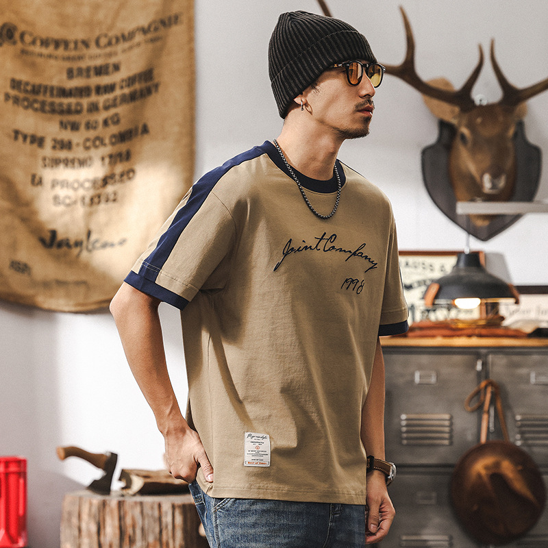 拼接撞色T恤男美式復古短袖夏季2025新款潮牌刺繡寬鬆上衣男