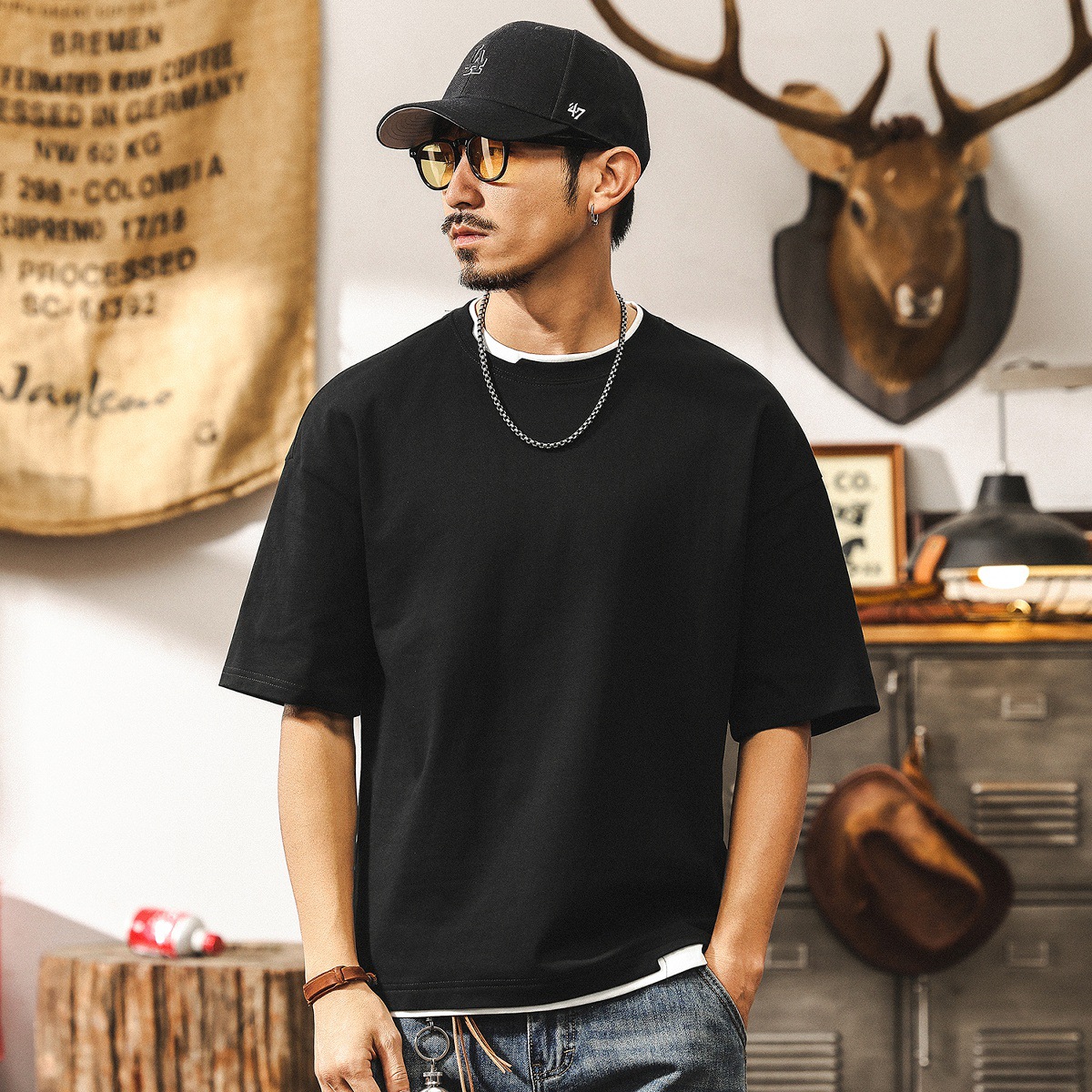 雙紗爽滑棉重磅假兩件T恤男短袖夏季潮牌設計感半截袖美式衣服男