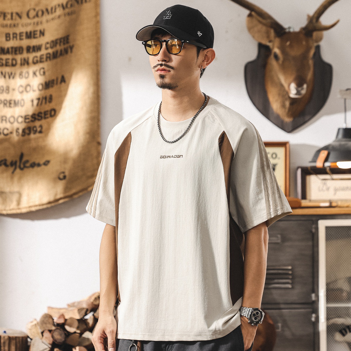 美式夏季新款短袖T恤男士潮牌拼接撞色寬鬆大碼半袖男裝休閒上衣T