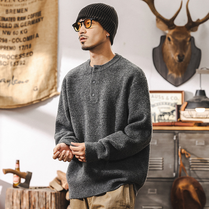 美式復古630g重磅毛衫男冬季亨利領毛衣加厚針織衫外套秋冬款毛衣