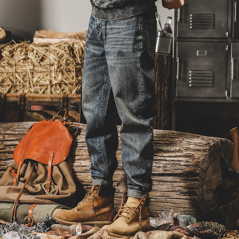 美式重磅巴黎扣經典復古牛仔褲男直筒寬鬆秋季潮牌石磨男士休閒褲
