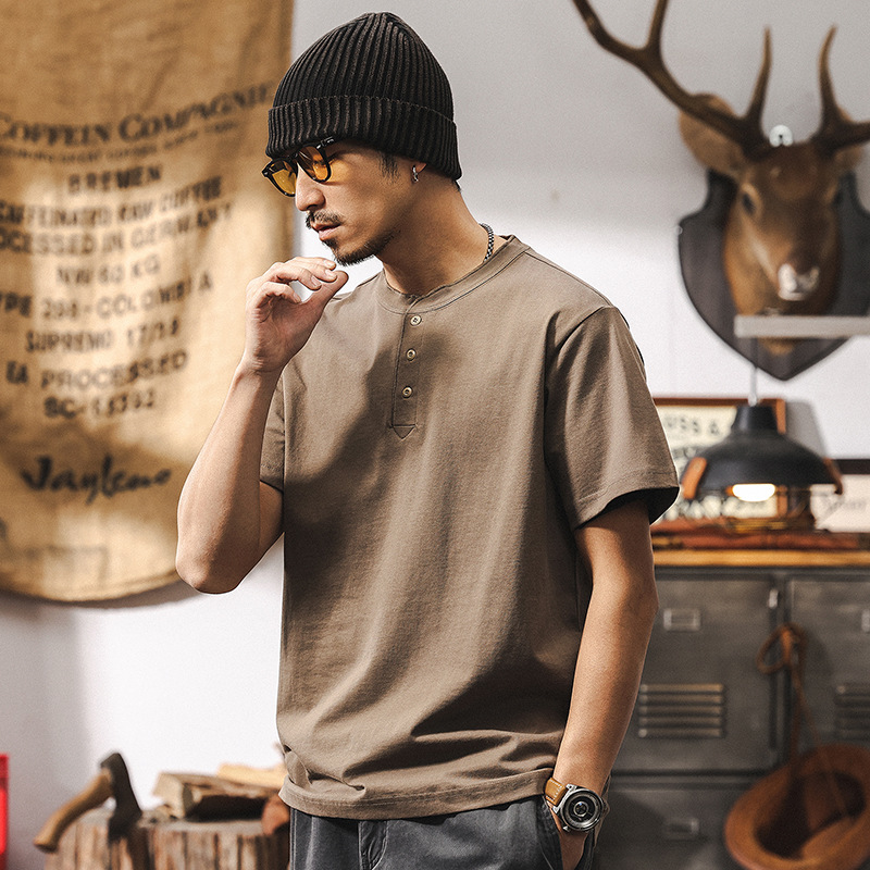 美式復古250g重磅短袖T恤男夏季潮流T恤2025新款亨利領polo衫上衣