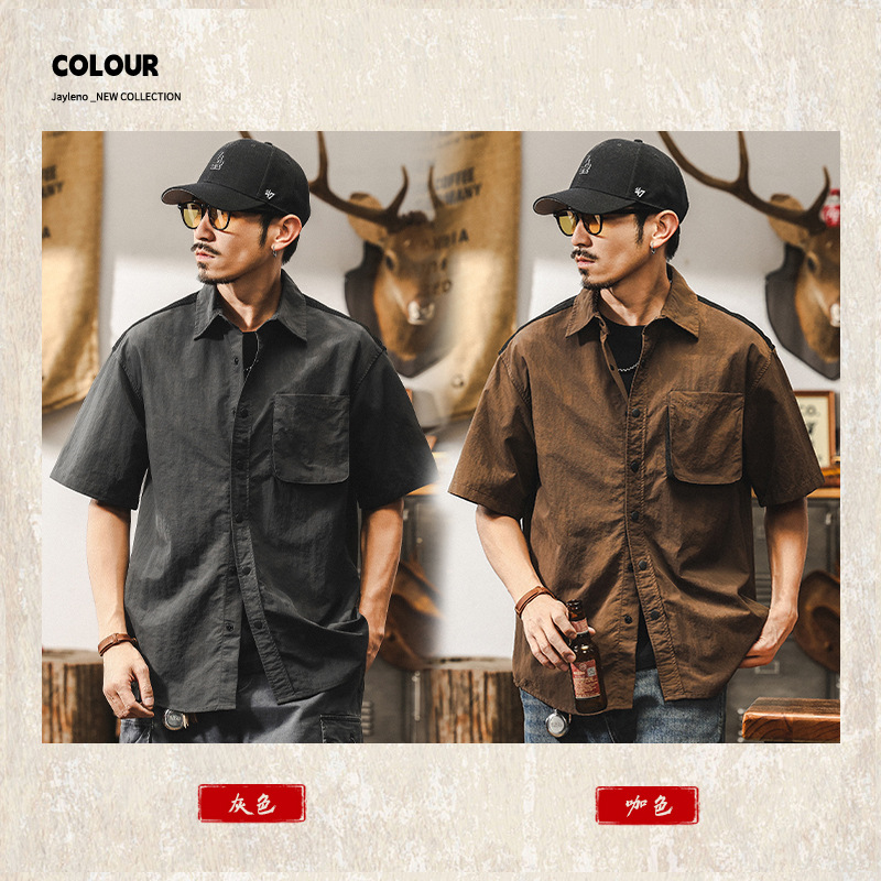 美式復古咖色短袖襯衫男夏季2025新款潮流戶外獵裝寬鬆工裝襯衣男