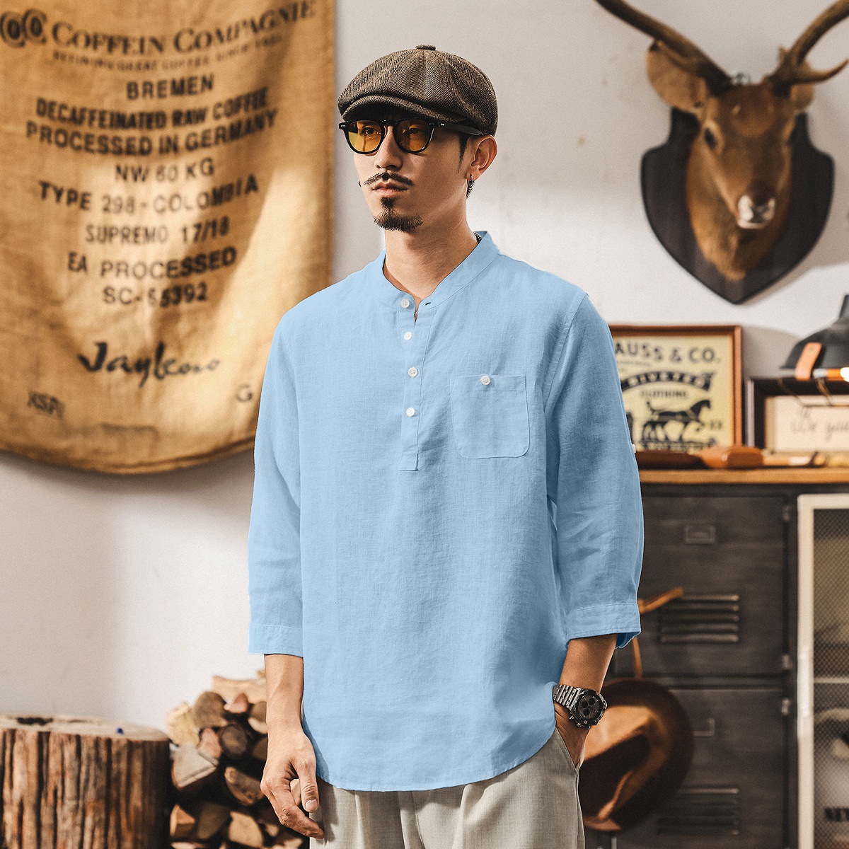 亞麻古風中式復古短袖T恤男夏季新款七分袖古風國潮Polo衫男