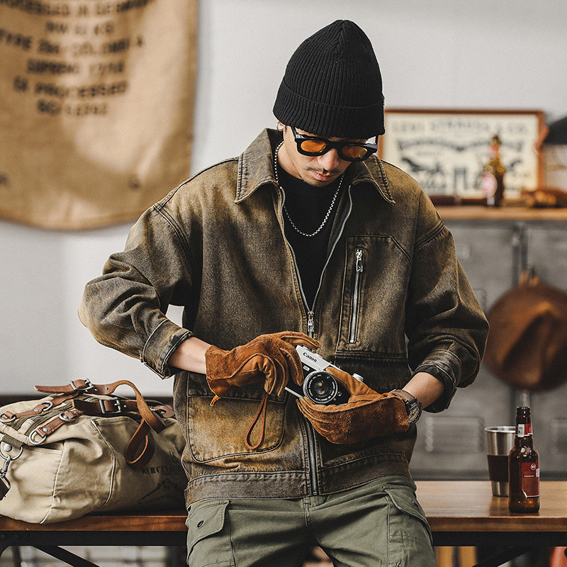未來賽博朋克廢土風牛仔外套男春秋潮牌痞帥鐵鏽水洗機能工裝夾克
