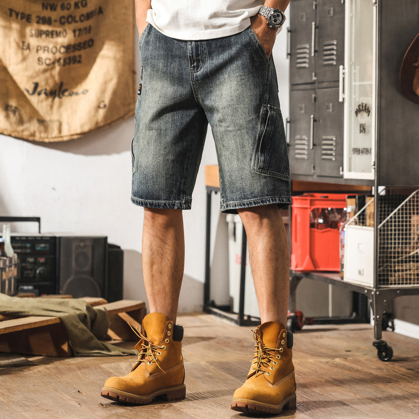 美式復古多口袋牛仔短褲男夏季寬鬆大碼休閒中褲潮牌工裝五分褲子