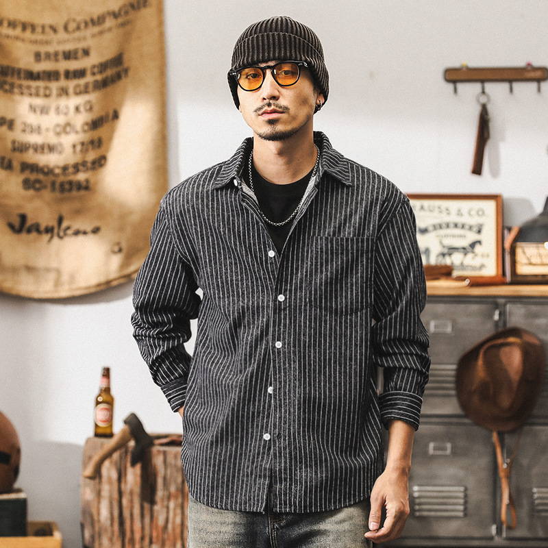 美式經典復古條紋襯衫男長袖秋季潮牌通勤百搭休閒寬鬆襯衣外套男