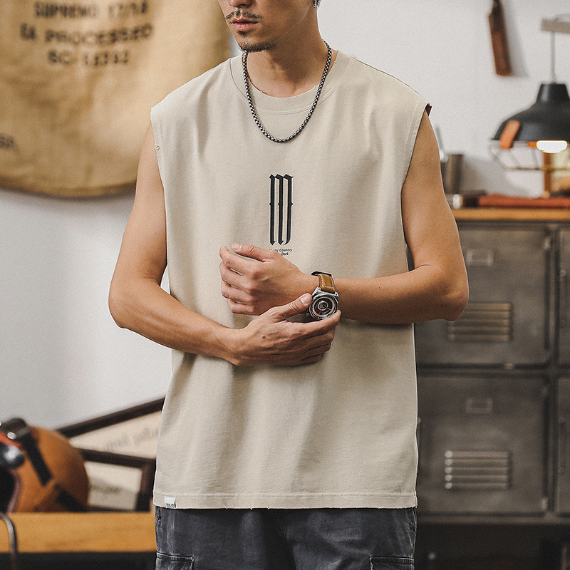 無袖T恤男夏季潮流復古做舊坎肩男款純棉背心重磅運動健身上衣潮T