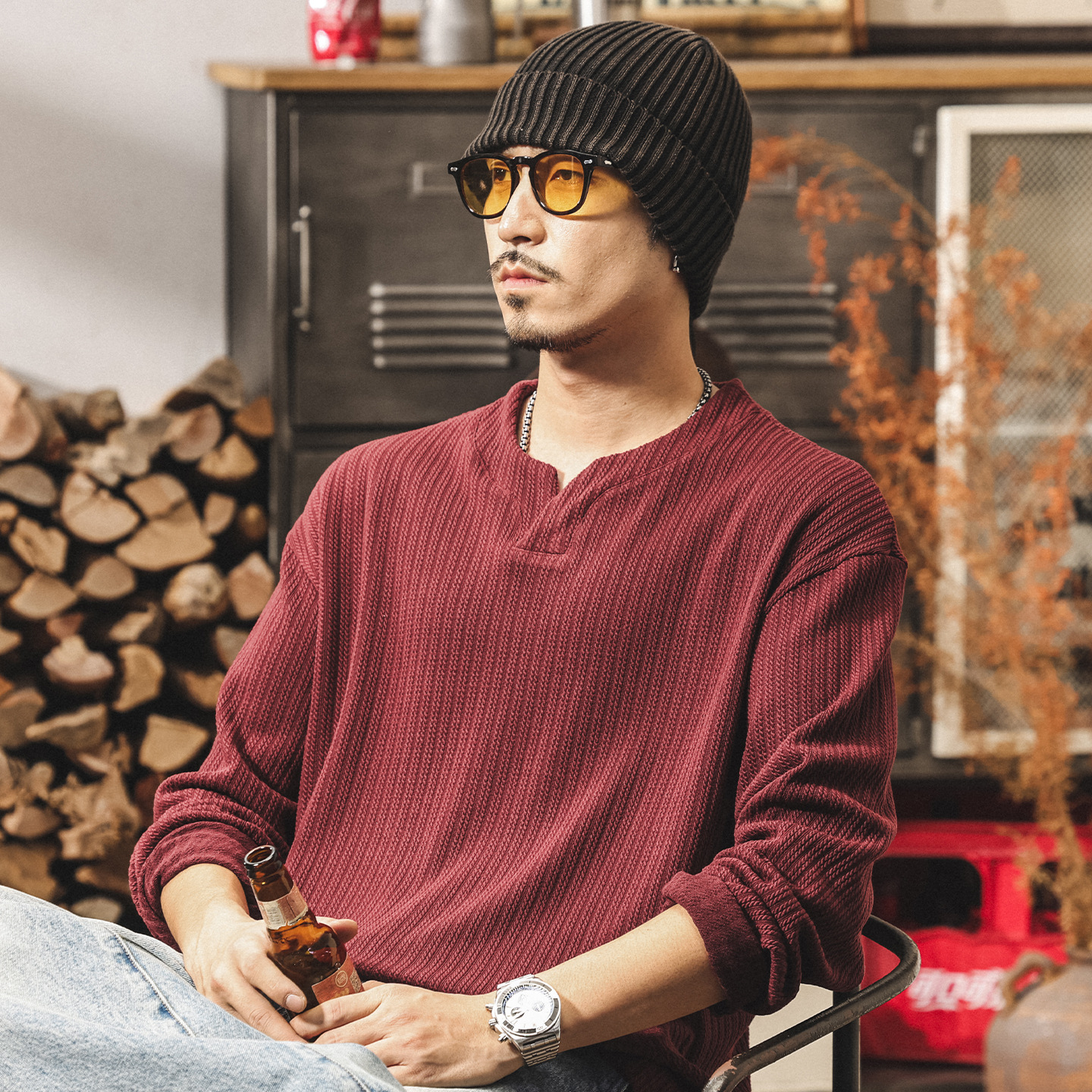 美式復古330g重磅針織長袖t恤男冬季新款潮流高級感提花男士衛衣