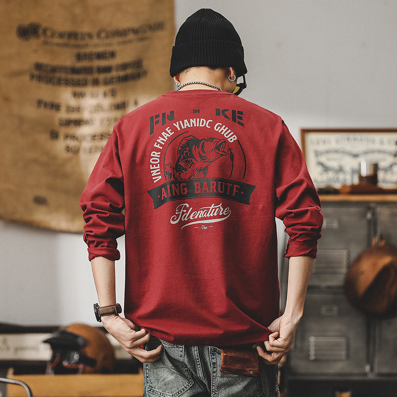 美式260g重磅長袖T恤男春季2024新款寬鬆上衣潮牌紅色衣服男