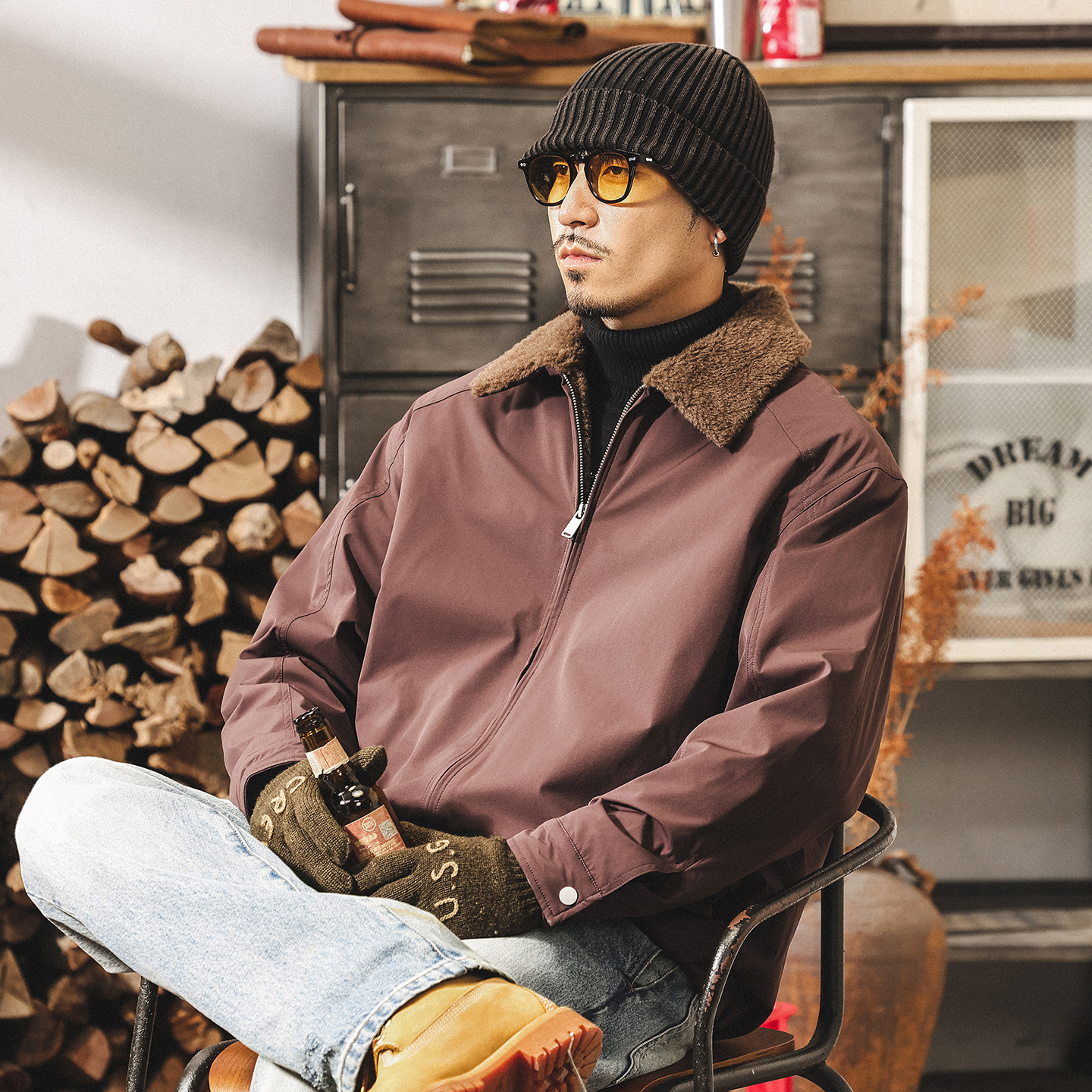 美式復古加厚羊羔絨棉服外套男冬季保暖男士棉襖座山雕毛領棉衣男