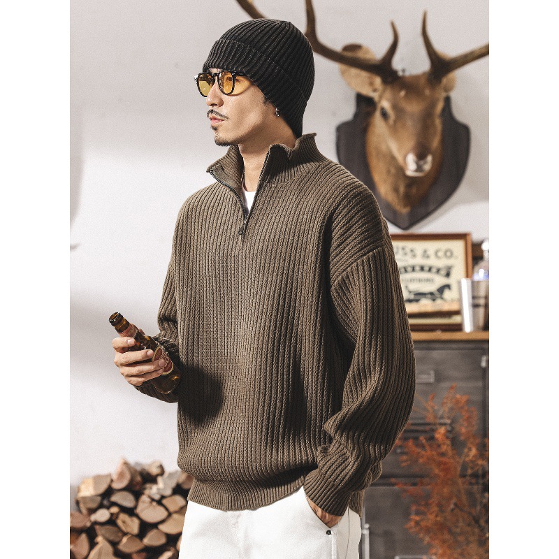 美式復古重磅毛衣男秋冬季潮牌寬鬆拉鍊半高領針織衫男士春秋外套