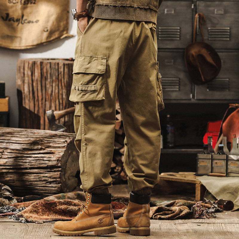 美式復古卡其色工裝褲子男秋季重磅寬鬆休閒褲硬漢獵裝機能束腳褲