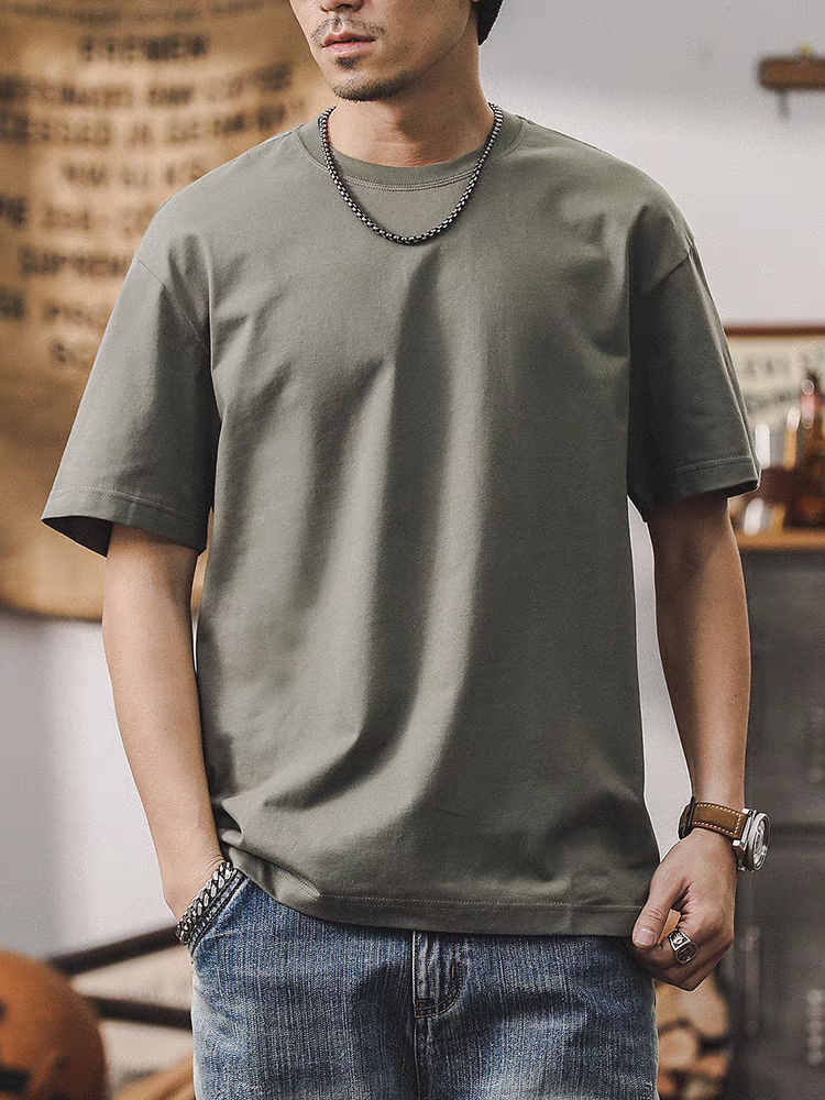 32支雙紗爽滑棉250g重磅基礎純色圓領短袖T恤男夏季寬鬆百搭小白t