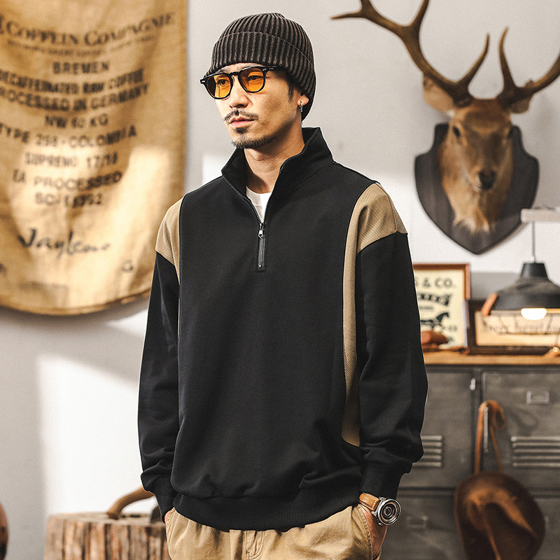 美式重磅復古黑色衛衣男秋季潮牌拼接設計半拉鍊潮流男士寬鬆上衣