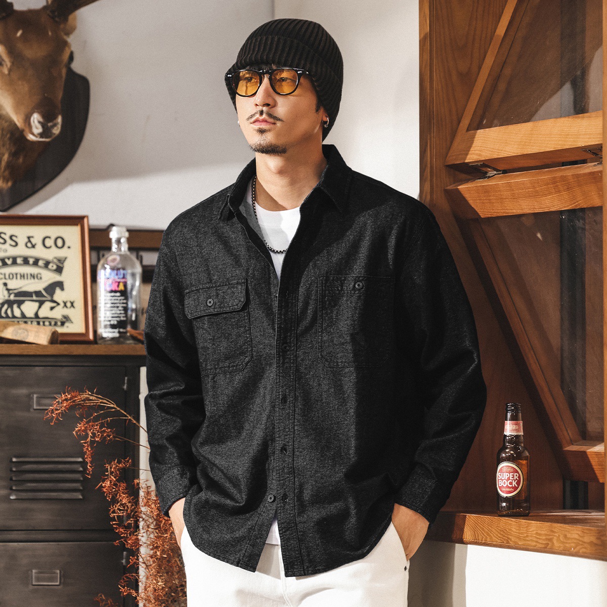 美式復古男士長袖襯衫春秋2025新款工裝寬鬆休閒襯衣秋季純棉外套