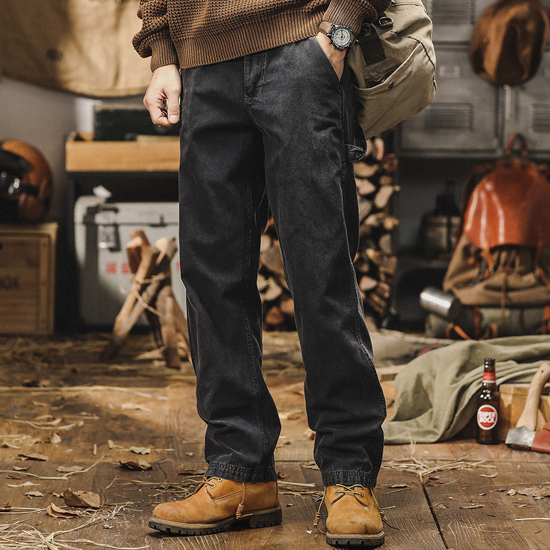 美式經典黑色工裝褲子男寬鬆直筒2024新款潮牌水洗做舊百搭休閒褲
